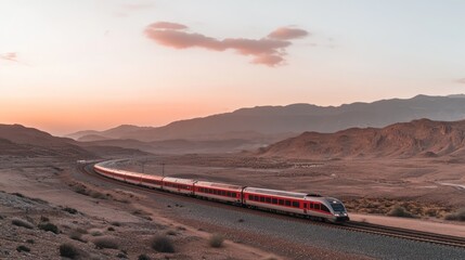 A modern train travels through a desert landscape at sunset. The scene features mountains in the background and a clear sky with soft clouds.