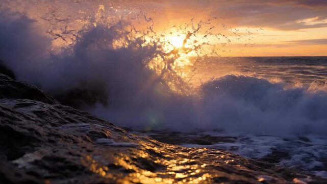 Waves crash against the rocks as the sun sets on the horizon, casting a warm glow over the ocean's surface. The waves and sunset create a calming and beautiful coastal scene.