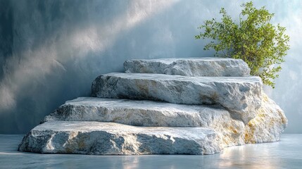 A set of large, flat stone steps with a small green plant growing on top. The background features a soft blue gradient, creating a serene atmosphere.