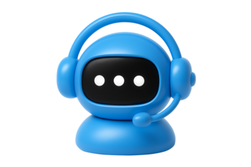 Cute Blue AI Robot Assistant with Headset and Chat Dots on white background