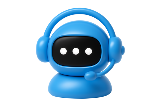 Cute Blue AI Robot Assistant with Headset and Chat Dots on white background - Powered by Adobe