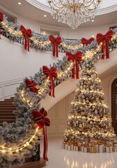 Fototapeta premium Grand foyer decorated elegantly for the winter holidays with garlands, sparkling lights, and large festive bows, warmth, inviting, foyer
