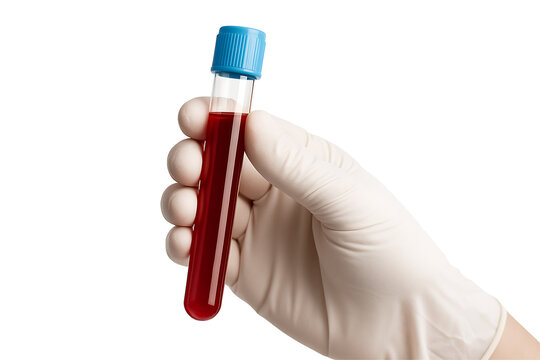 Gloved Hand Holding Blood Sample Test Tube with Red Liquid for Medical Laboratory Analysis Illustration on white background