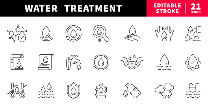 Water treatment editable line icons set: purification and filtration symbols