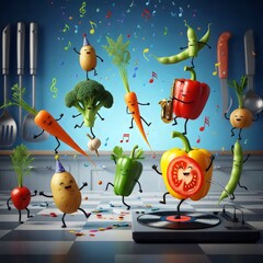 Dancing vegetables in joyful absurd surreal kitchen party with humorous silly celebration and vibrant colors