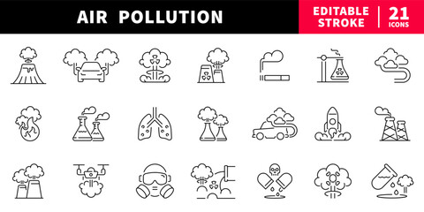 Fototapeta premium Air pollution editable line icons set. outline environmental hazard symbols