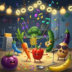 Surreal kitchen party scene with vegetables dancing among vibrant confetti creating playful abstract artwork