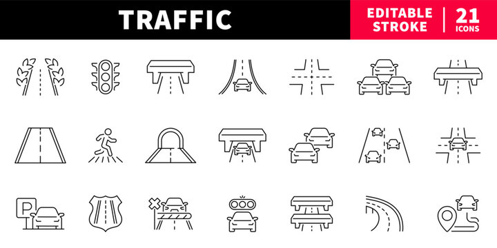 Traffic editable line icons set. road and transport symbols
