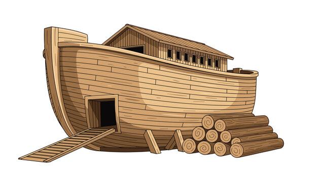Large wooden boat inspired by the biblical story of Noah's Ark stands on a hill with logs nearby, ready for a flood journey.