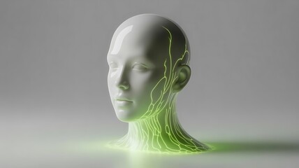 Futuristic white stylized human head sculpture illuminated by glowing green neural network lines symbolizing advanced artificial intelligence and bioelectrical brain activity in a minimalist setting