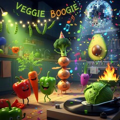 Playful surreal artwork of vegetables dancing in kitchen party atmosphere with colorful confetti celebration