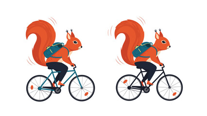Fototapeta premium Two identical red squirrels wearing blue backpacks ride bicycles in a side-by-side comparison, showing a fun and active animal journey.