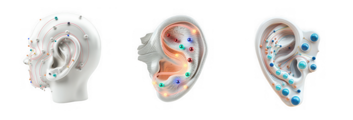 Detailed anatomical illustration of the human ear with pressure points displayed in three views on transparent background