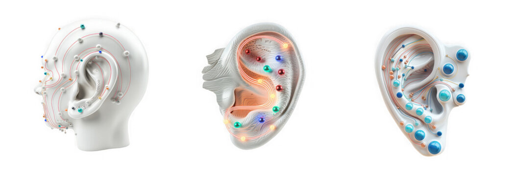 Detailed anatomical illustration of the human ear with pressure points displayed in three views on transparent background