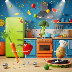 Playful surreal artwork of vegetables dancing in kitchen party atmosphere with colorful confetti celebration