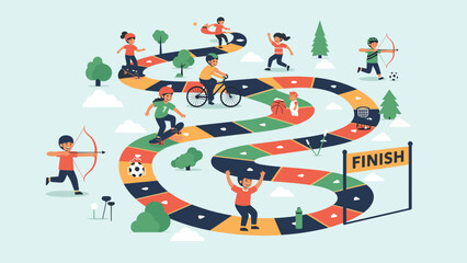 Colorful sports board game layout for children features a winding path through a park with kids practicing several different activities.