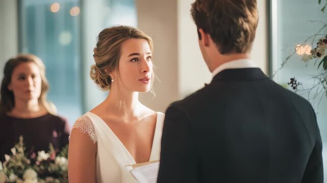 A beautiful bride in a white dress gazes lovingly at her groom as they share vows in a stylish, sunlit venue. The intimate atmosphere highlights genuine emotion and contemporary wedding trends