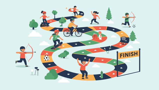 Colorful sports board game layout for children features a winding path through a park with kids practicing several different activities.