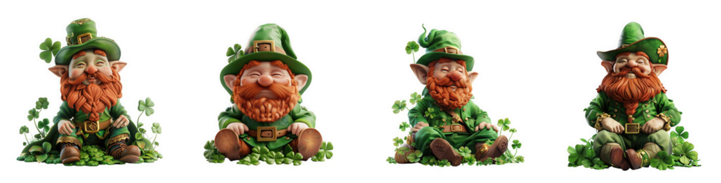 Four adorable leprechaun characters with green attire and beards perfect for st patrick s day on transparent background
