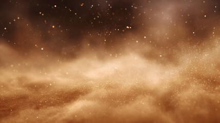Atmospheric abstract background featuring swirling brown dust particles and luminous glowing specks creating a warm and ethereal visual