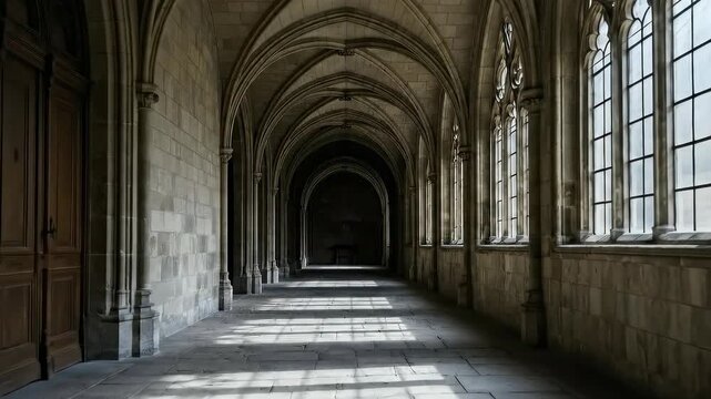 Sunlight casting geometric shadows in historic gothic corridor architecture