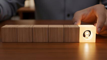 Person placing wooden block with light bulb icon on table