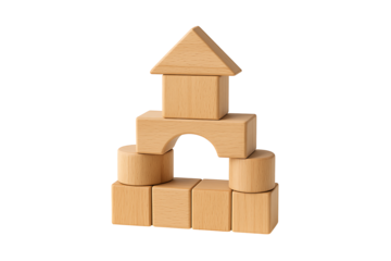 Natural Wooden Building Blocks Stacked into Arch House with Triangular Roof Isolated Illustration on white background