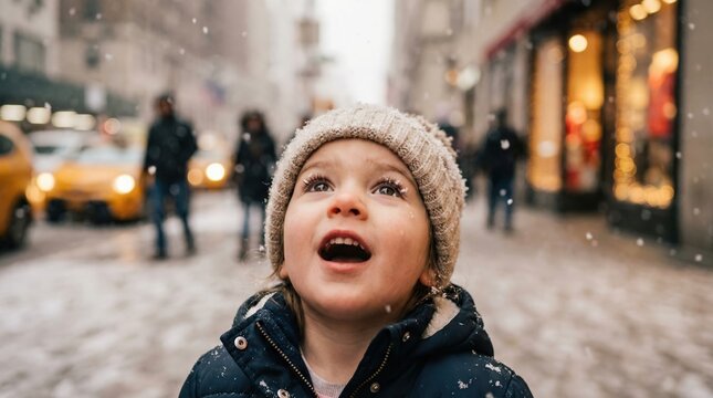 Cute little girl looking up at falling snow on a busy city street with amazement. A magical winter moment capturing childhood wonder and holiday spirit. Great for seasonal advertisements.