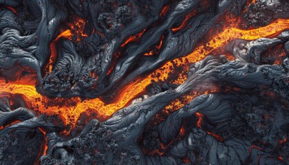 Stunning aerial view of glowing lava flowing through rugged volcanic terrain highlighting the power of nature