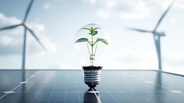 A small green plant grows in a light bulb on a solar panel with wind turbines in the background under a cloudy sky.