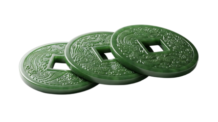 Three intricately designed green circular Chinese coins with square holes in the center on transparent background