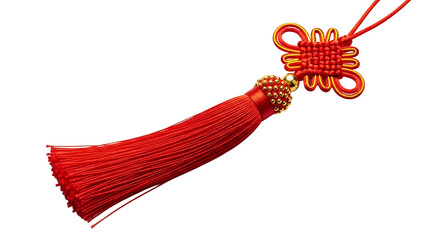 A decorative red tassel with intricate knotwork hanging from a gold bead on transparent background