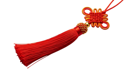 A decorative red tassel with intricate knotwork hanging from a gold bead on transparent background