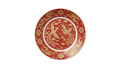 A detailed close-up of a traditional Chinese embroidered round silk patch with intricate dragon patterns on transparent background