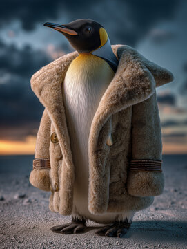 Un pinguino vestito come un modello con un cappotto haute couture perfettamente su misura. Sfondo artico minimale