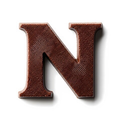 Surrealism macro photograph of a capital letter N made of dark chocolate, isolated on white, showcasing hyper-detailed texture and studio lighting, with copy space