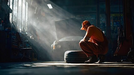 Mechanic examining car tire in sunlit garage workshop
