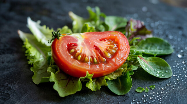 A tomato wedge sits on crip greens