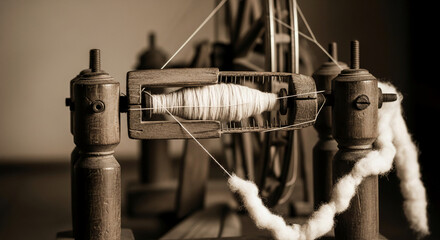 Obraz premium Close-up of a spinning wheel, with thread and cotton. Represents traditional craft, fiber art, and old-fashioned textile production methods