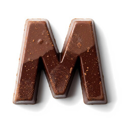 Surrealism macro photograph of a capital letter M made of dark chocolate, isolated on white, showcasing hyper-detailed texture and studio lighting, with copy space