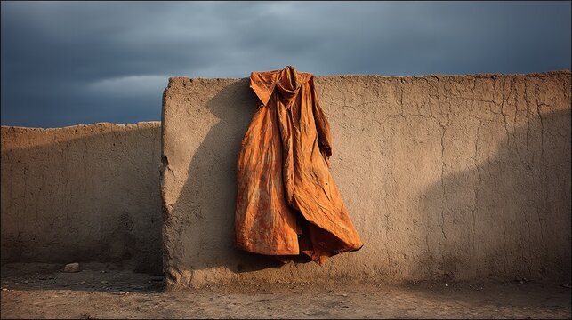 An old, wrinkled burnt orange garment hanging alone against a textured mud wall under dark clouds.