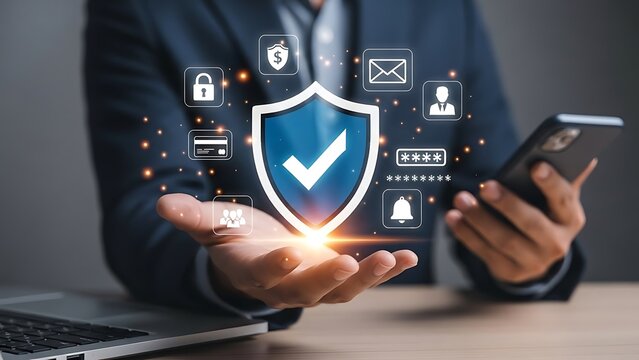 Businessman protecting personal data with secure shield and icons