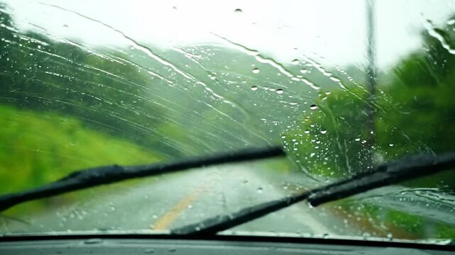View from inside a car looking out at a rain-streaked windshield. Wipers sweep away water, revealing a blurred wet road and green trees.