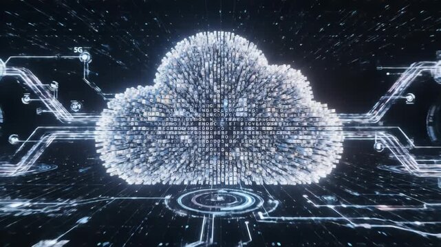 Abstract digital cloud formation made of glowing particles against a dark background with futuristic circuit patterns and data streams