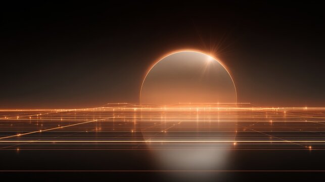 Digital grid lines and glowing sphere creating a futuristic virtual landscape with data flow, connecting network, and abstract technology horizon - Powered by Adobe