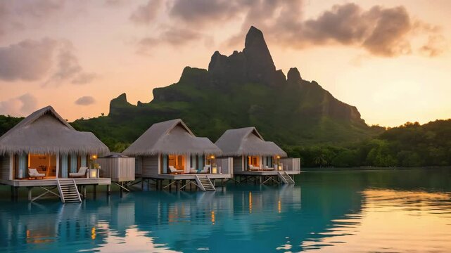 Cinematic Travel Video of Overwater Villas in Bora Bora Lagoon at Sunset