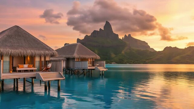 Cinematic Travel Video of Overwater Villas in Bora Bora Lagoon at Sunset
