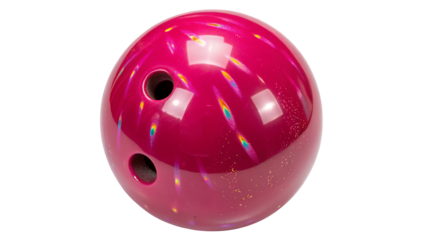 Vibrant pink bowling ball with rainbow sparkles on transparent background
