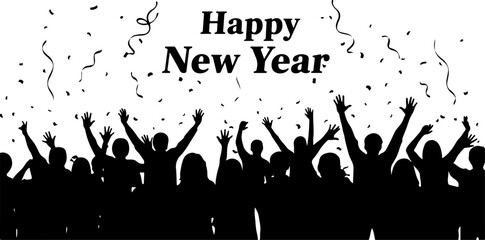 Happy New Year Celebration Silhouette with Fireworks and Party Crowd