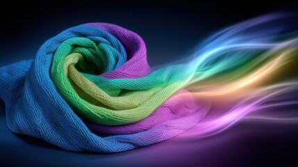 Colorful flowing fabric with vibrant light streaks on dark backdrop